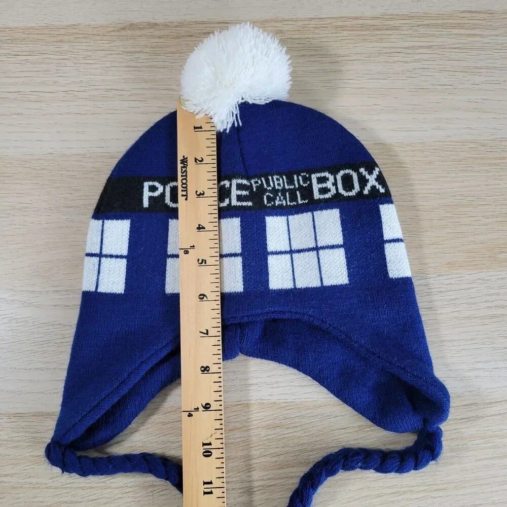 Doctor Who BBC Tardis Hat Laplander Knit Winter Hanging Tassels Police Box Pom